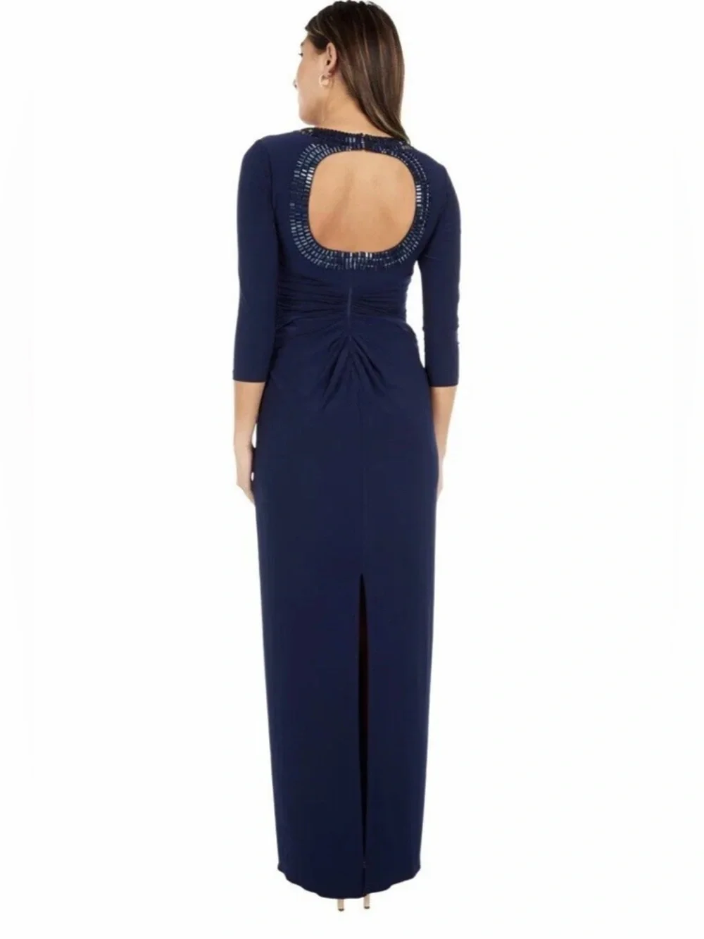 Adrianna Papell Navy Beaded Embellished Neck Gown Twist Waist Keyhole Back 14 - Picture 6 of 16